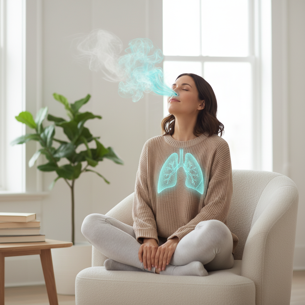 A serene scene showing someone quietly repeating a calming mantra with musical notes or soft rhythm waves around them, symbolizing a zen atmosphere.
