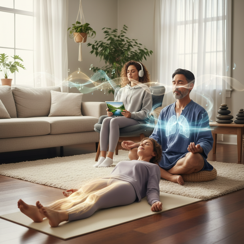 An individual lying down comfortably, mentally scanning their body from toes to head with a relaxed and peaceful expression, highlighting muscle relaxation.