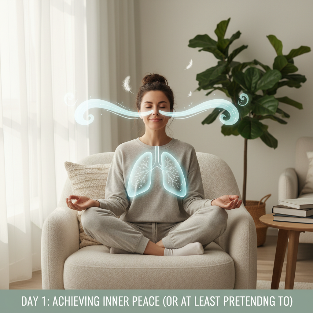 A beginner sitting peacefully in a comfortable spot, eyes closed, practicing mindful breathing with gentle air flow illustrated around the nose and lungs.