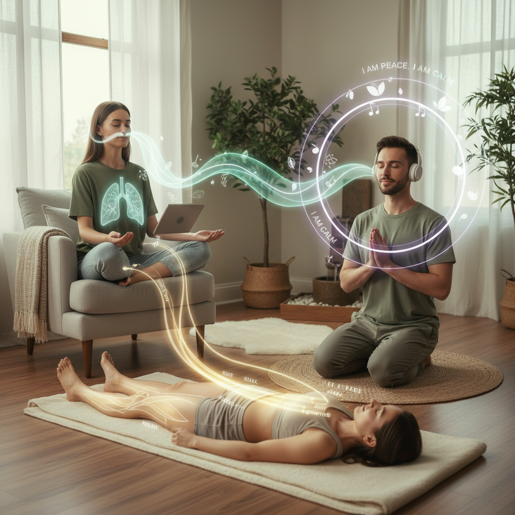 A person listening to a guided meditation on a smartphone or tablet with calm nature sounds and soft voice waves illustrated around the device.