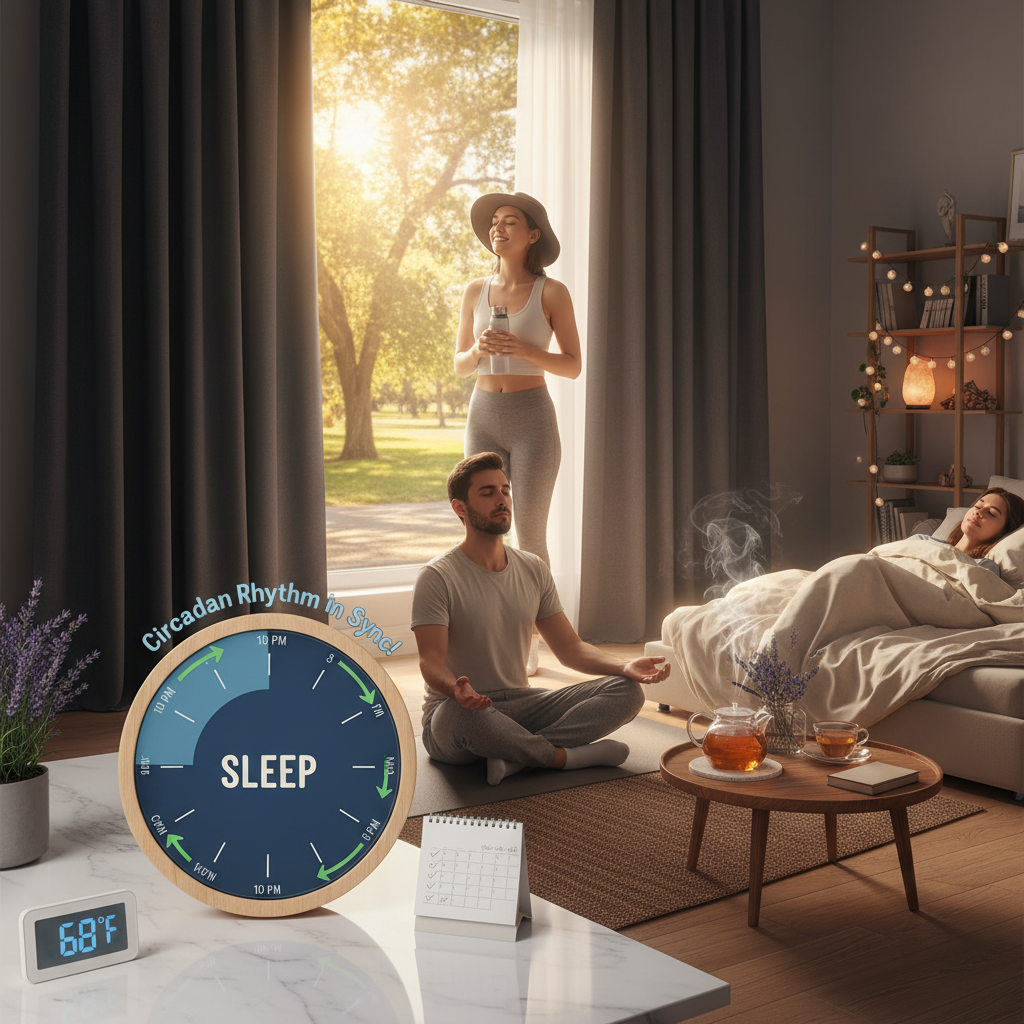 Visual of a daily routine clock showing a consistent sleep schedule, including bedtime and wake-up time, emphasizing regularity and circadian rhythm.