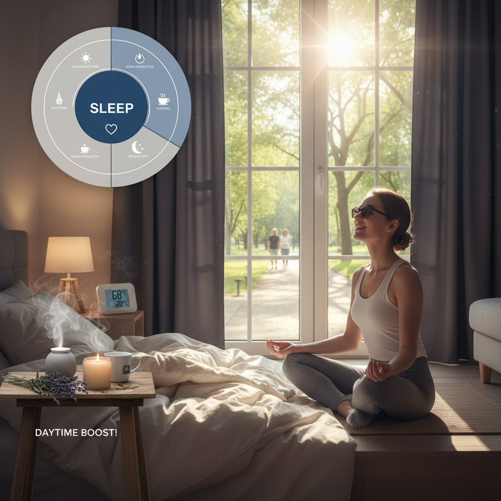 Scene of a person practicing relaxation techniques such as meditation or gentle yoga before bed, with calming elements like aromatic lavender and herbal tea nearby.