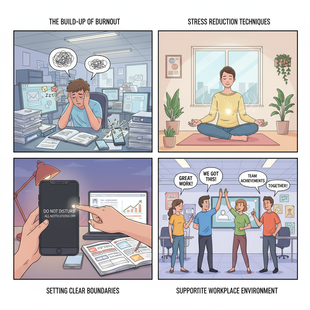 A person setting clear boundaries by turning off their phone notifications and managing their workload with a planner or digital tools.