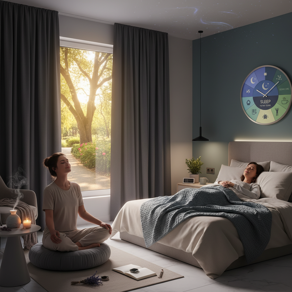 Illustration of a person peacefully sleeping in a dim, cozy bedroom with blackout curtains and optimal temperature settings, symbolizing a restful sleep environment.