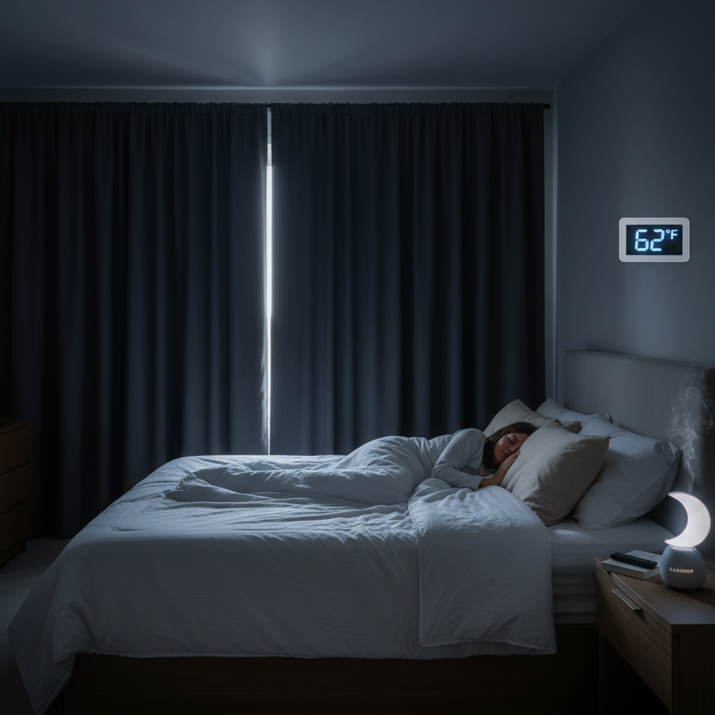 A person engaging in a relaxing bedtime routine: reading a book by soft light, doing gentle yoga stretches, or meditating quietly in a calm environment.