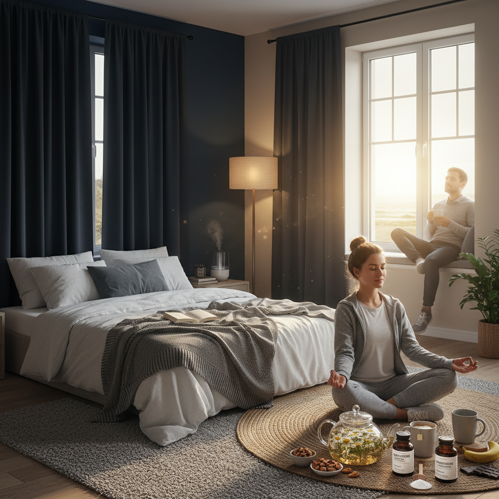 A collection of natural sleep aid items including herbal teas like chamomile and lavender, supplements such as melatonin and magnesium, and healthy sleep-friendly snacks arranged appealingly.