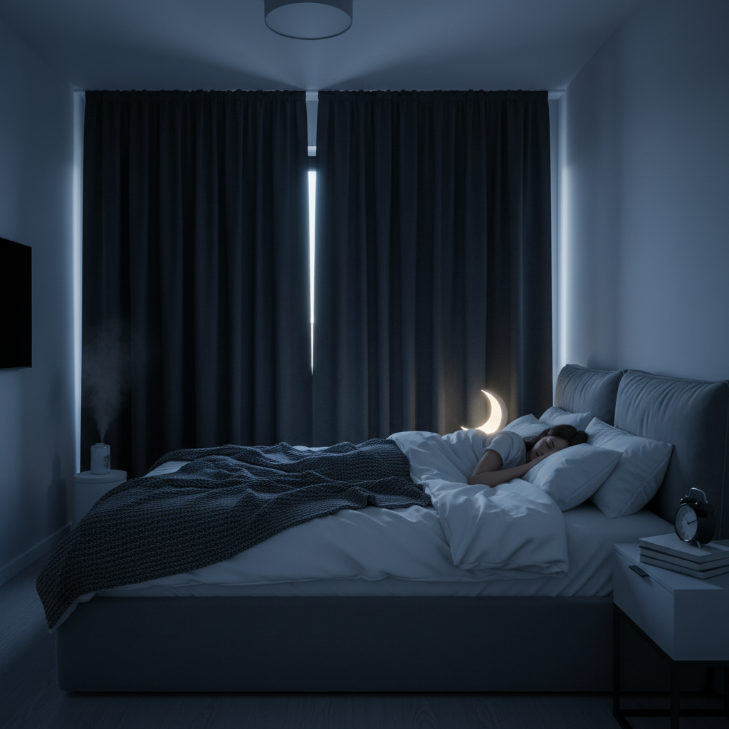 A bright outdoor scene showing morning sunlight exposure with someone enjoying a brisk walk or sitting by a window soaking sunlight to illustrate natural light benefits for sleep.