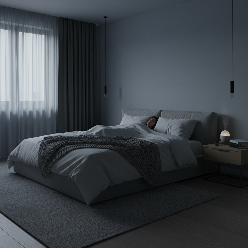 A cozy, serene bedroom illustrating ideal sleep hygiene: cool temperature, dark, quiet, with no electronic screens, and a comfortable bed as a sleep sanctuary.