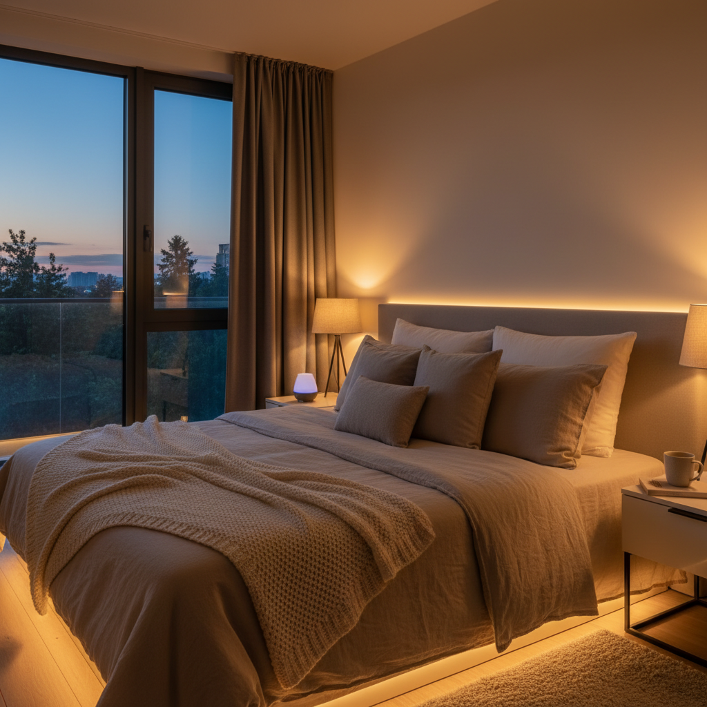 A calming bedroom scene at dusk with dimmed warm lights, showing a peaceful atmosphere that signals the brain to wind down and prepare for sleep.