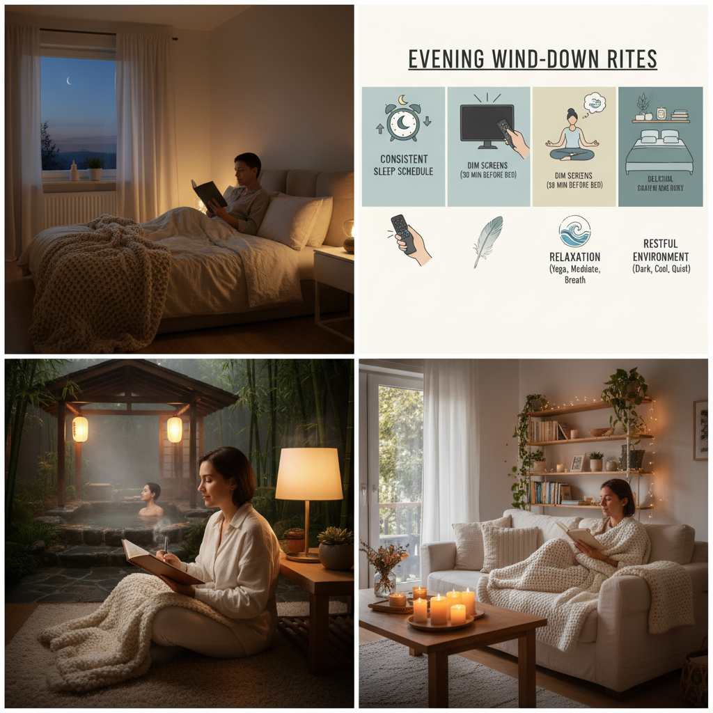 Cultural evening routine collage showing a Japanese onsen hot spring bath, a Scandinavian hygge-style cozy room with candles and blankets, representing global sleep-friendly habits.