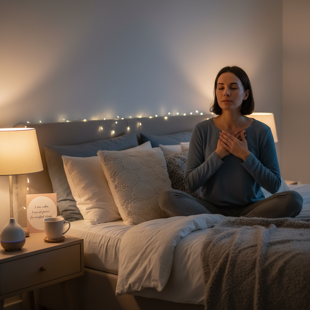 A serene collage showing various cultural affirmation practices, such as Tibetan monks chanting sleep mantras, combined with modern wellness elements like meditation and positive affirmations.