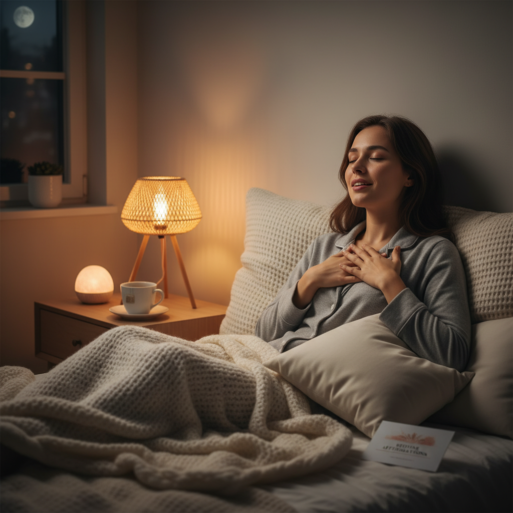 A step-by-step nighttime routine setup: dimmed lights, a person sitting comfortably with eyes closed, soft deep breathing, and a visible list or card of affirmations by the bedside.