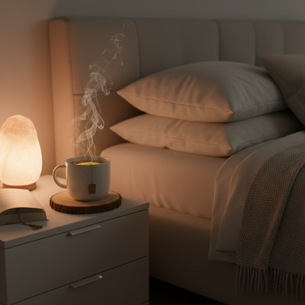 A cozy, inviting tea setup with a steaming cup of chamomile tea on a bedside table, surrounded by soft pillows and dim lighting, evoking a peaceful bedtime atmosphere.