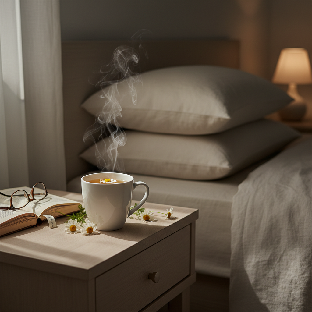 An illustrated or styled arrangement of various relaxing teas such as chamomile, valerian root, lavender, lemon balm, passionflower, and magnolia bark, with their herbs displayed in a natural setting.