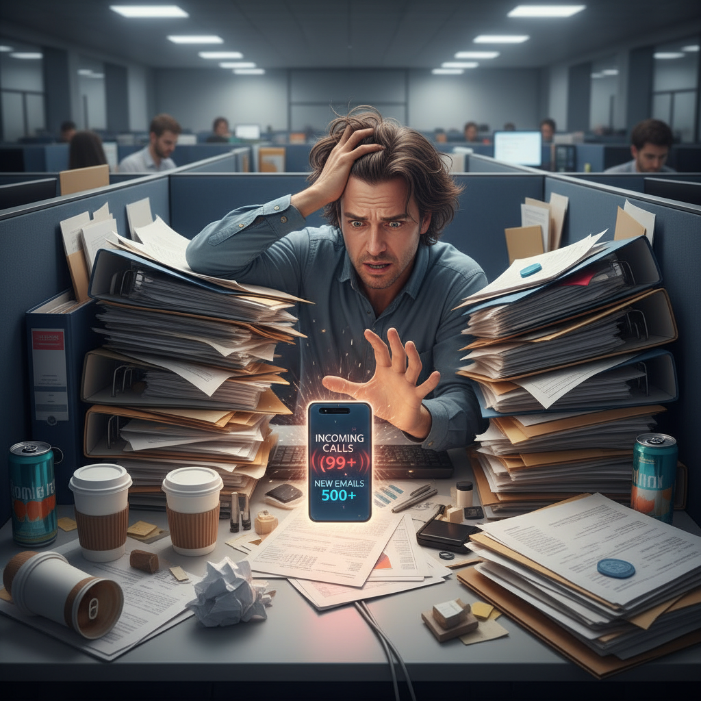 A calm professional practicing mindfulness through deep breathing or meditation in a peaceful workspace, symbolizing stress reduction techniques.