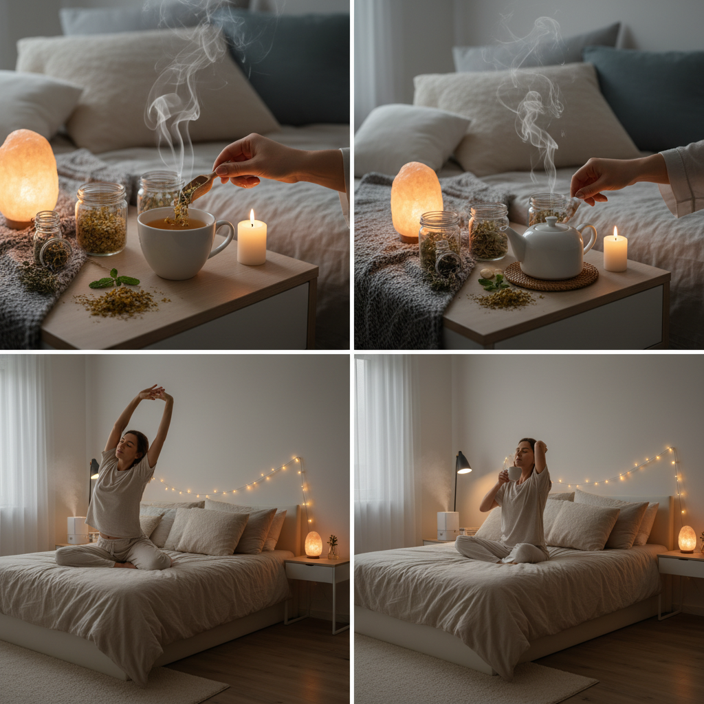 A step-by-step scene showing the bedtime tea ritual: measuring tea leaves, steeping tea in a teapot, setting a candle or dim light, and a person slowly sipping tea, relaxing with closed eyes.