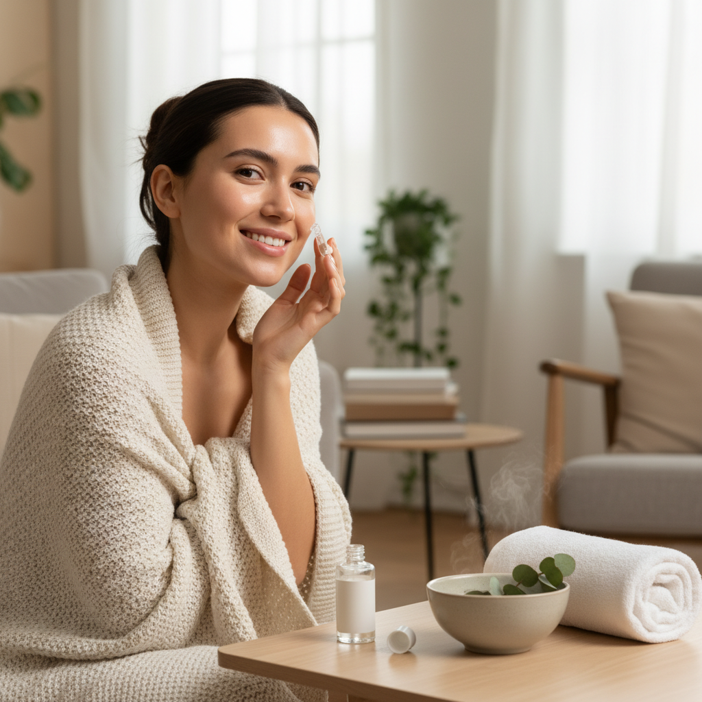 Step-by-step visual guide of the essential skincare routine: gentle cleansing, toning, mild exfoliation, applying a soothing face mask, serum, moisturizer, optional eye cream, and sunscreen - displayed with skincare products in a spa-like setting.