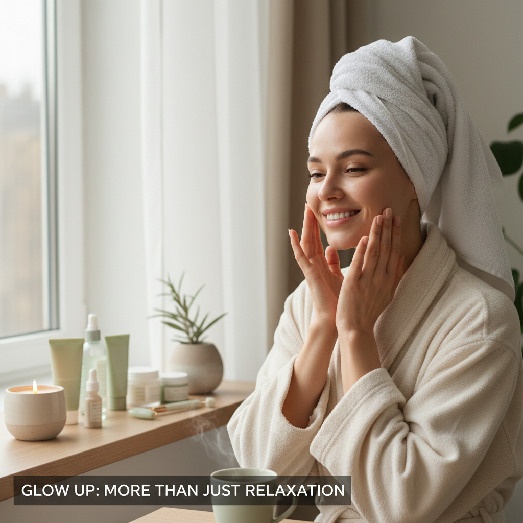 A cozy, calm setting showing a person indulging in self care, emphasizing the importance of skincare routine beyond relaxation - like glowing, healthy skin and a soothing atmosphere.
