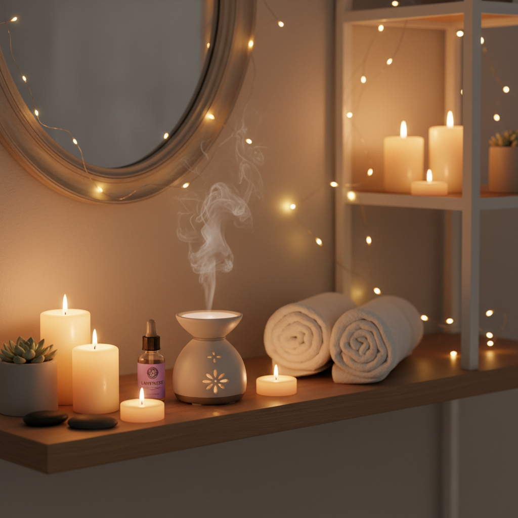 A serene home spa setting with dim candlelight, fairy lights, and lavender essential oils diffusing in the background, creating a calming ambiance.
