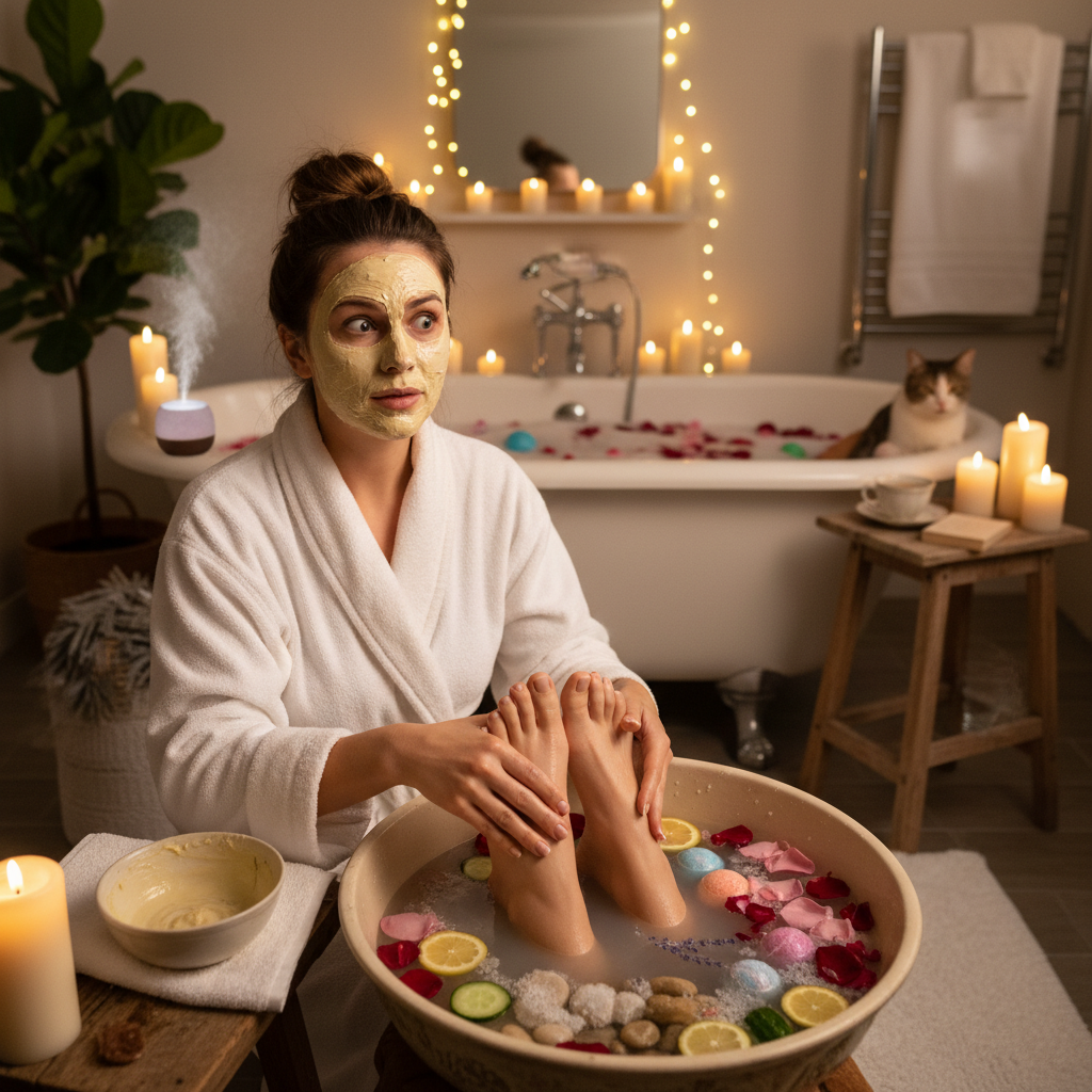 A person applying a DIY facial mask made from natural ingredients like honey, yogurt, and oatmeal, with a steaming bowl nearby to open pores.