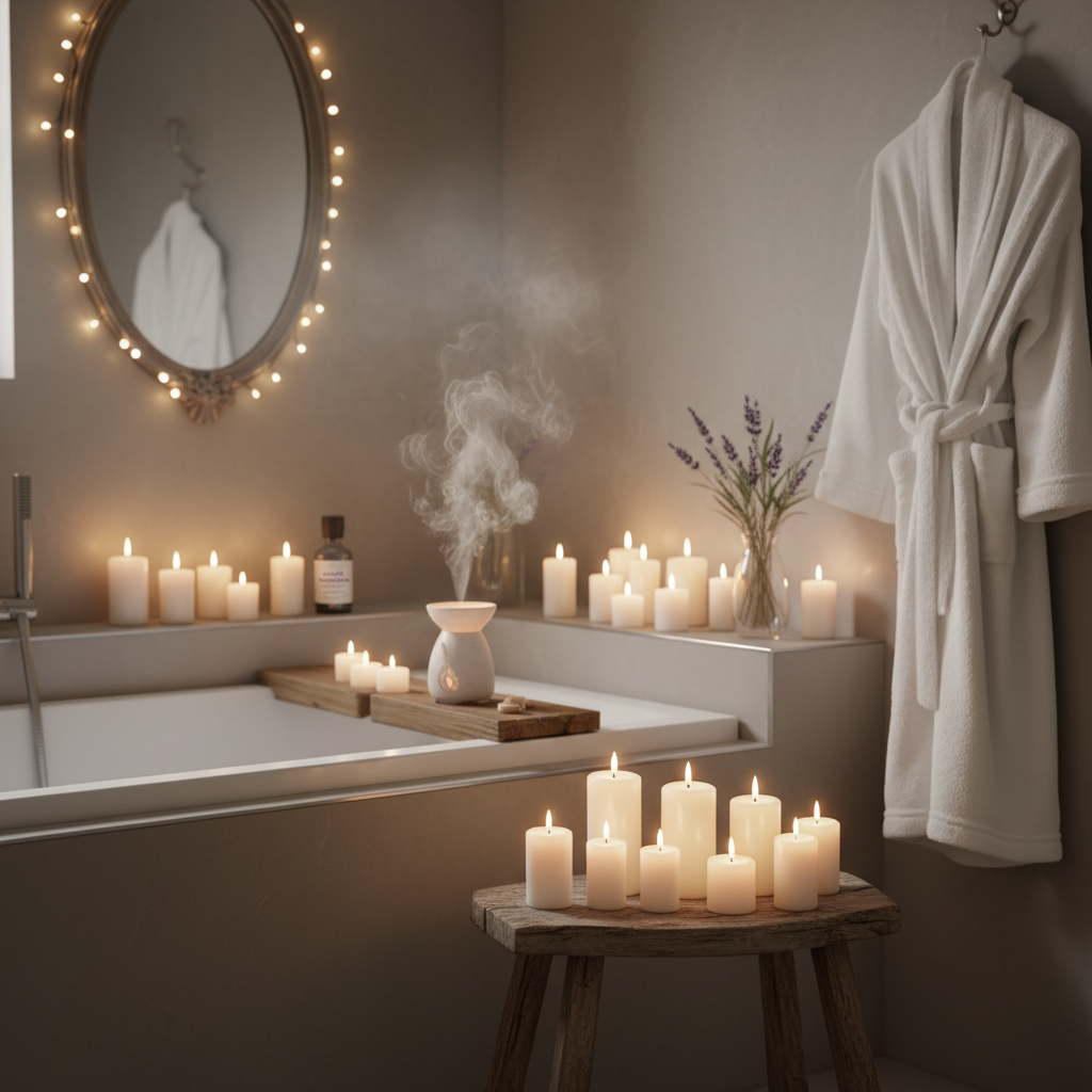 A luxurious bathtub filled with rose petals and bath bombs, surrounded by lit candles and a cup of herbal tea on a side table for a relaxing bath ritual.