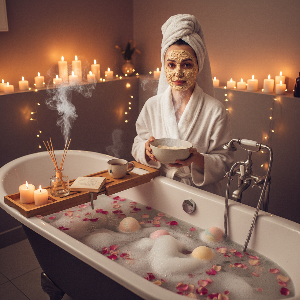 Close-up of hands and feet being soaked and massaged, with sea salt and essential oils in warm water, showing pampering and self-care.
