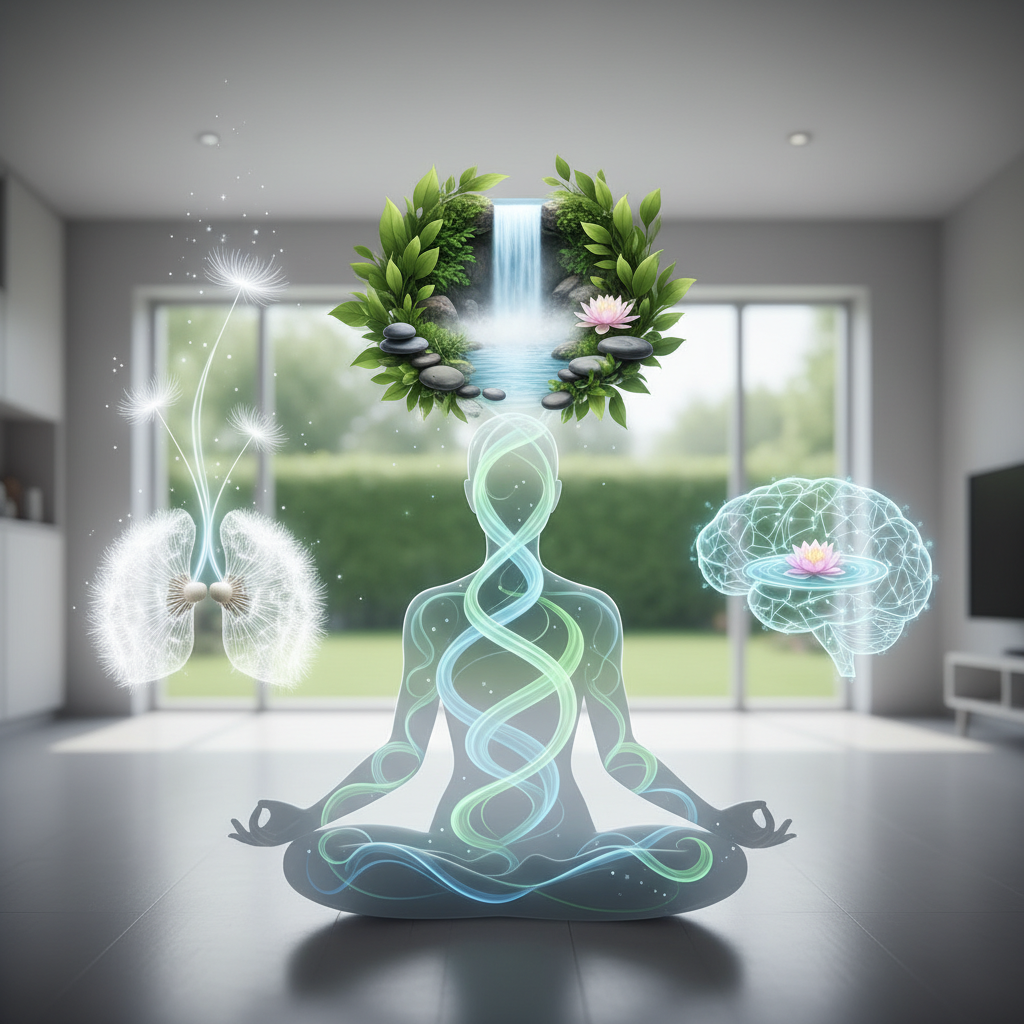 A personal journey depiction showing a person practicing deep breathing, journaling, and spending time outdoors for anxiety relief.