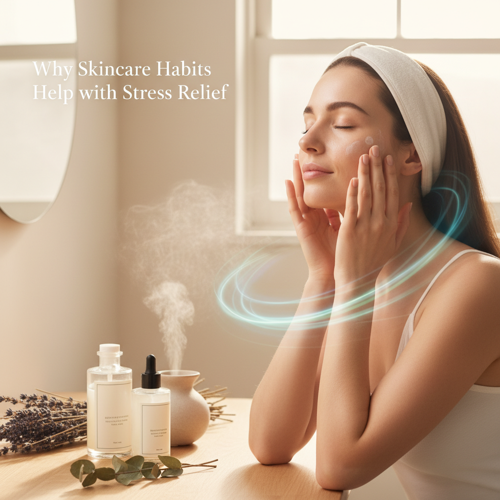 Illustration of a calm person performing a mindful skincare routine, focusing on soothing touches and scents, representing 'Why Skincare Habits Help with Stress Relief'.