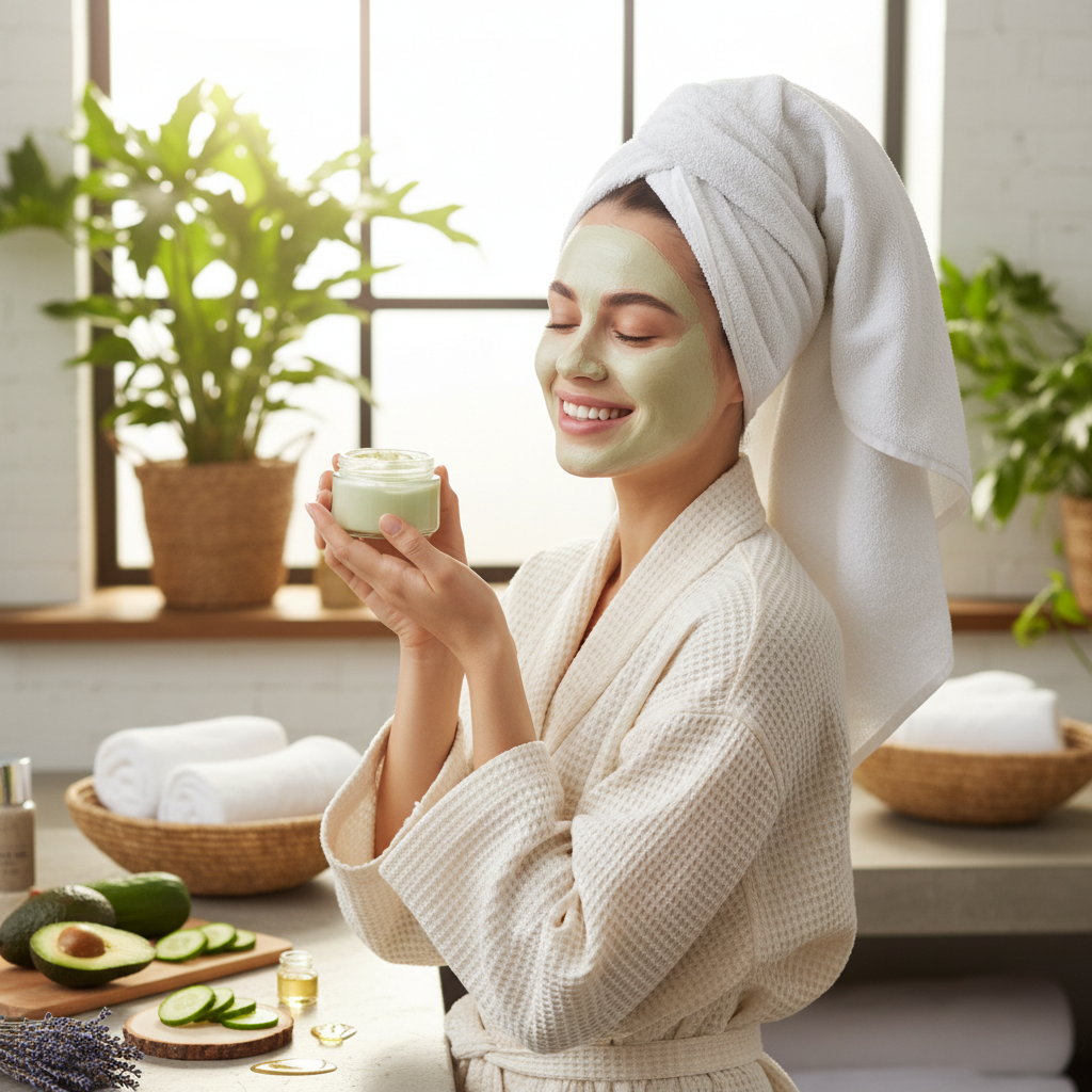 Illustration representing the benefits of choosing a clean beauty self care routine, highlighting natural ingredients and glowing skin.