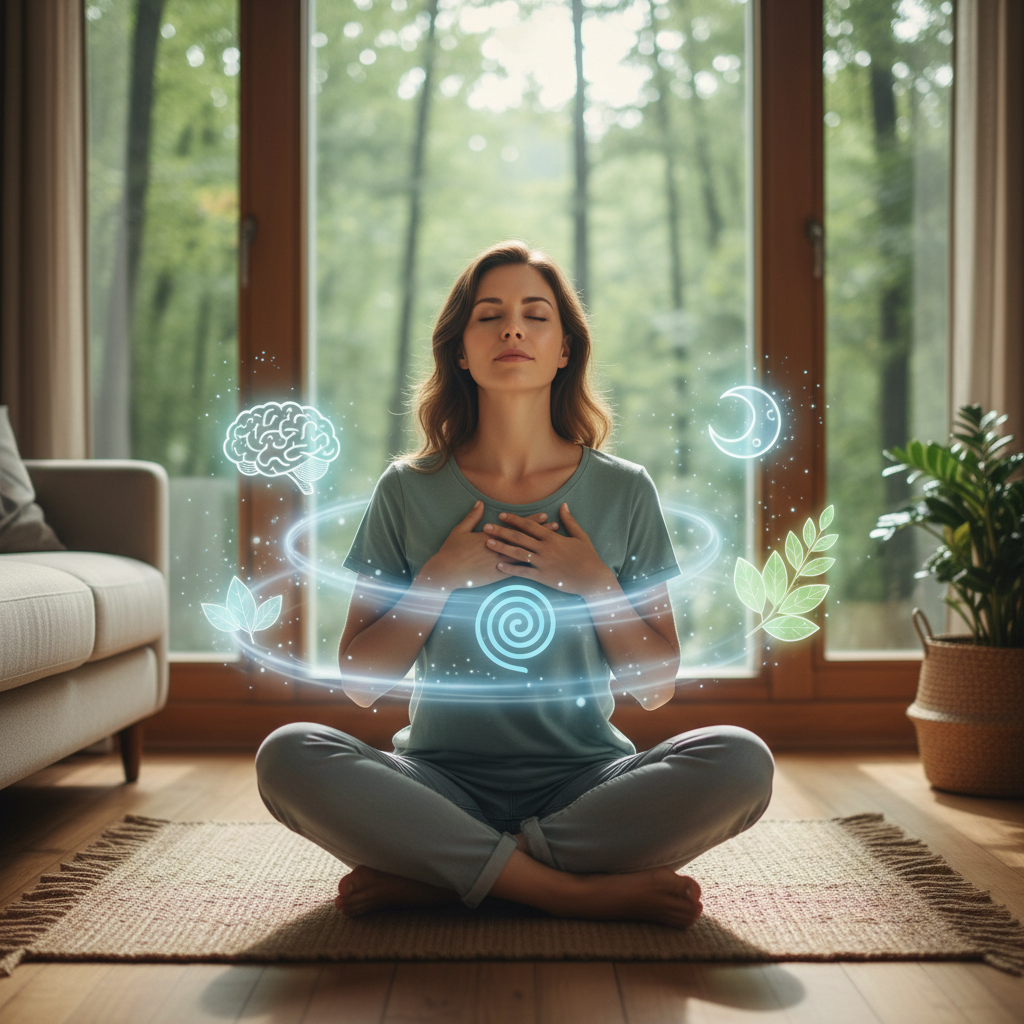 A visual collage or infographic of the top tools for anxiety relief without medication including mindfulness meditation, deep breathing, exercise, aromatherapy, herbal remedies, CBT, grounding tools, and lifestyle adjustments.