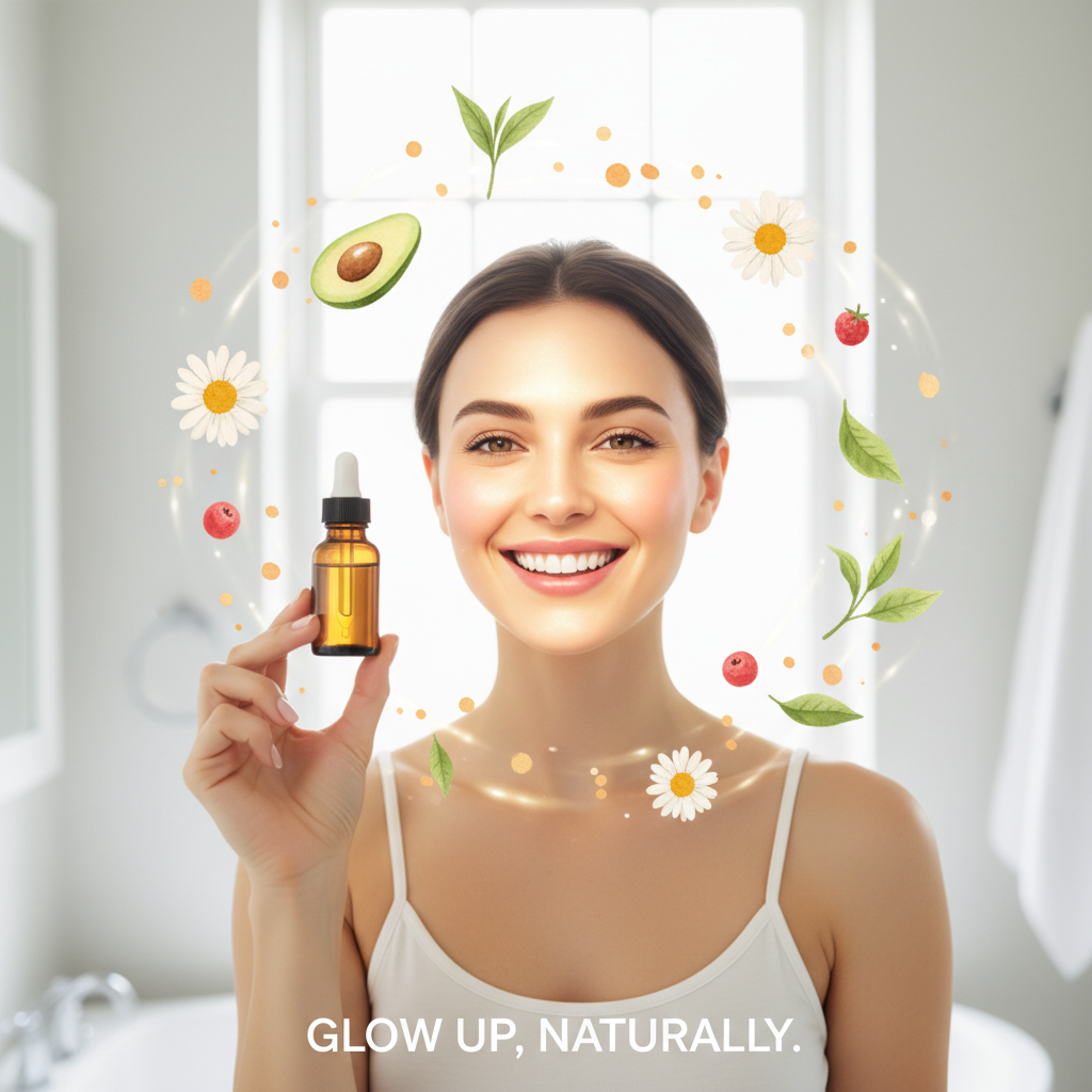 Visual of various natural beauty products like serums, exfoliants, and masks, emphasizing eco-friendly and cruelty-free labels.