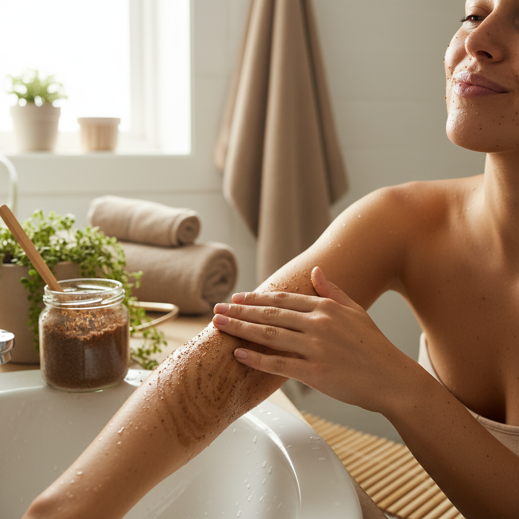 A close-up of hands applying natural oils (jojoba, almond, argan) on smooth, glowing skin, emphasizing hydration and nourishment.