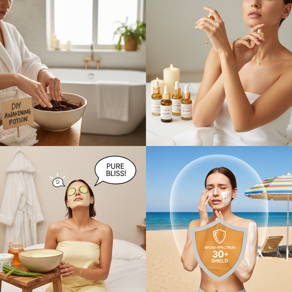 A cozy bathroom setting with a natural DIY coffee and sugar body scrub, showing a hand gently exfoliating skin in circular motions.