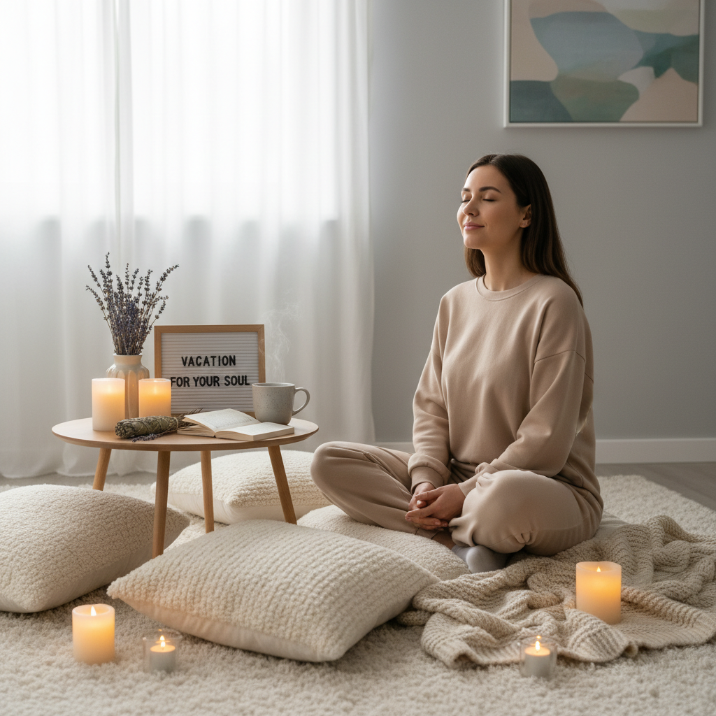 A peaceful and serene setting representing a soul-refreshing vacation, such as a cozy indoor scene with candles, herbal tea, and meditation elements