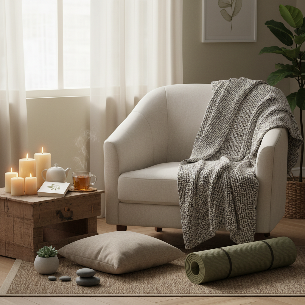 A morning self care routine image featuring a glass of lemon water, gentle natural skincare products like a rose water toner, and soft morning light