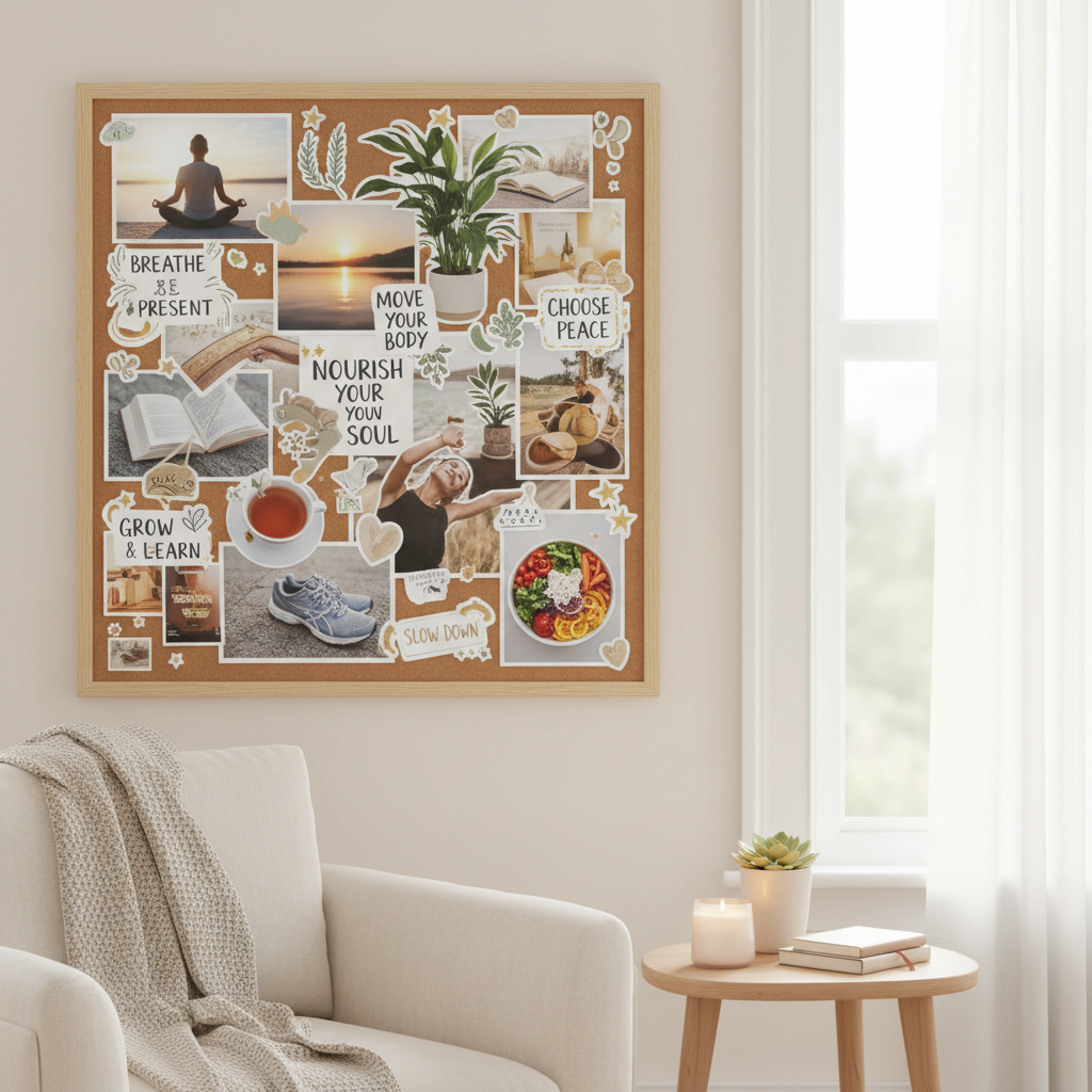 An assortment of supplies for creating a vision board including scissors, glue, magazines, markers, stickers, and a corkboard or poster board.