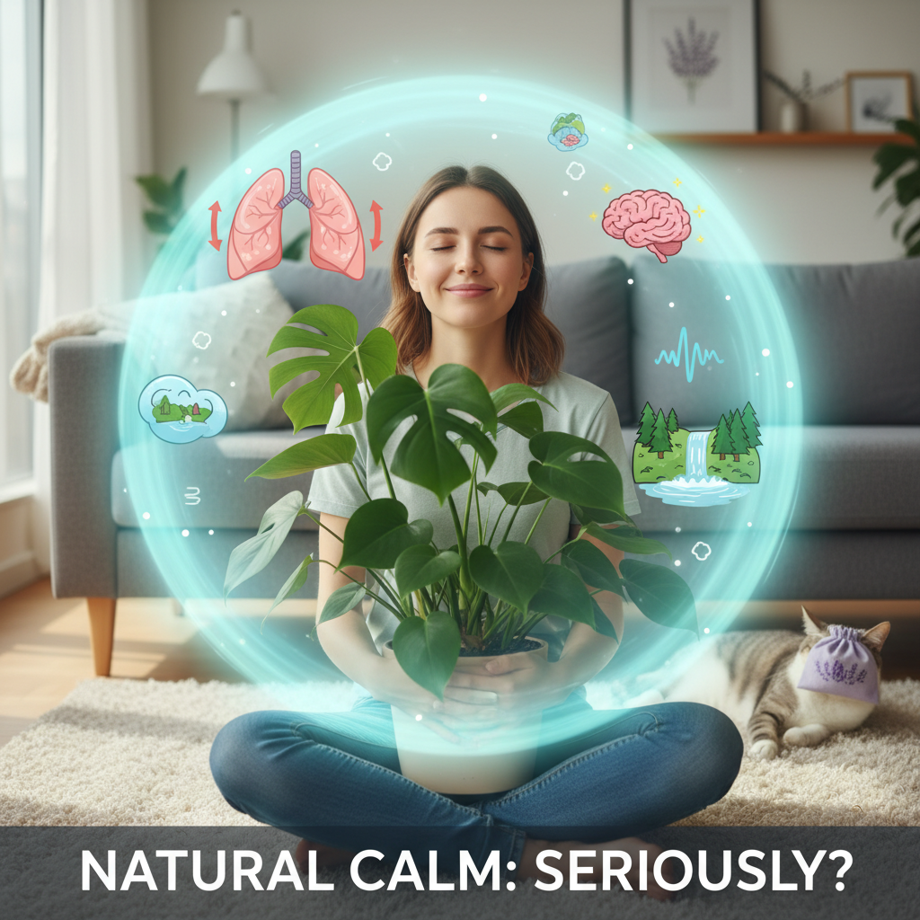 An illustration representing natural anxiety relief methods with calming elements like breathing, mindfulness, and nature.