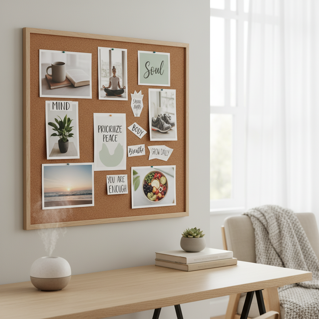A beautifully displayed vision board placed in an inviting home space such as on a desk or near a bathroom mirror, radiating daily inspiration and mindful wellness.