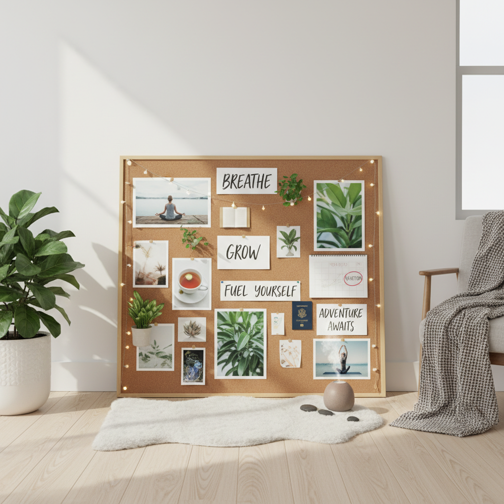 A visually inspiring self care vision board featuring motivating images and affirmations, set in a cozy, mindful wellness space.