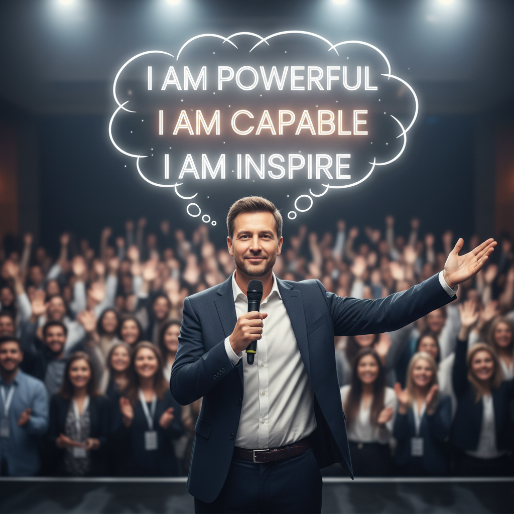 Mirror with sticky notes of affirmations and person smiling softly at their reflection