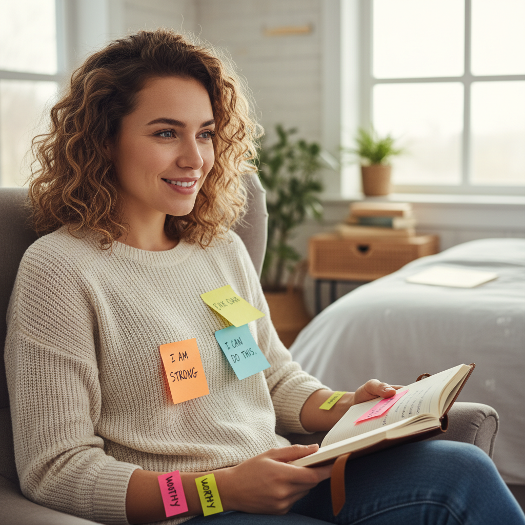 Cozy morning routine with self care activities: brushing teeth, journaling affirmations, coffee, sticky notes and phone wallpaper reminders