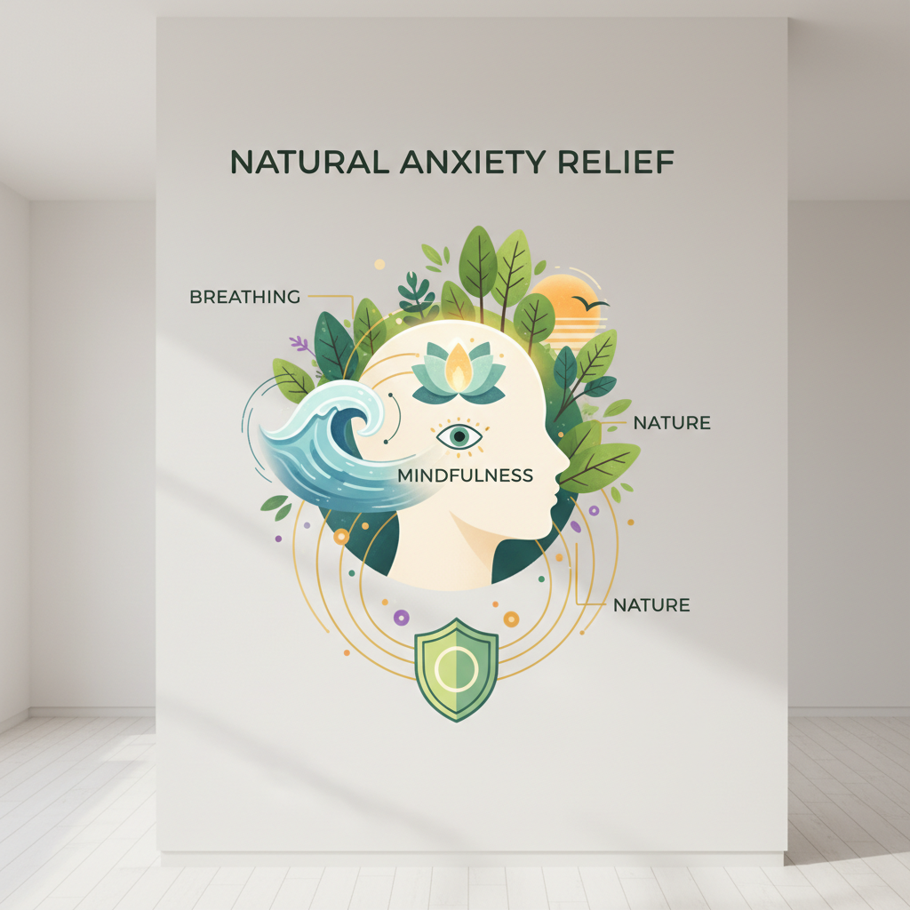 A conceptual image of multiple anxiety relief methods working together synergistically like a superhero team-up or a toolbox filled with calming tools.