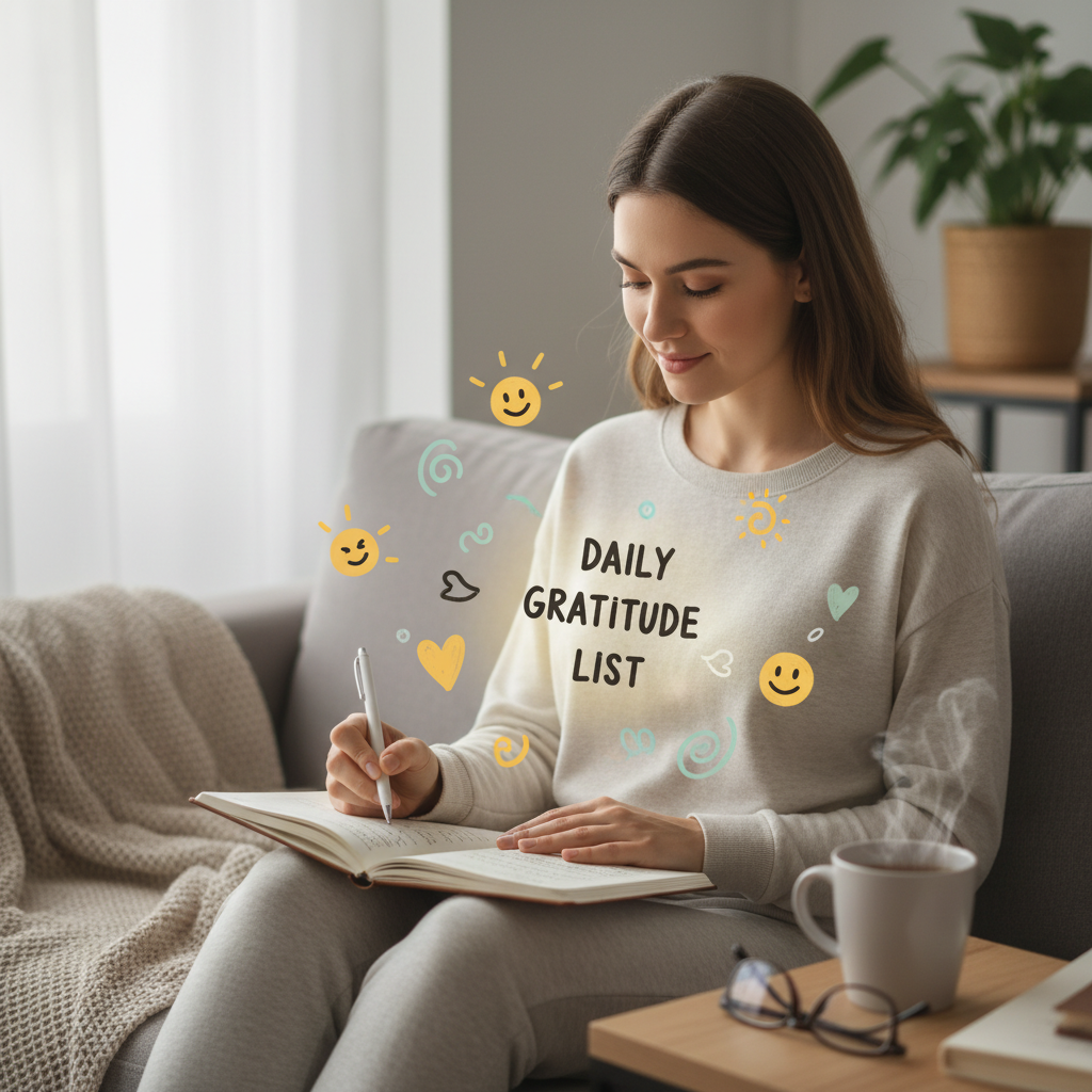 A vibrant collage showing the 7 gratitude ideas: three things list, people interactions, nature appreciation, achievements, challenges as lessons, gratitude prompts, and daily positivity boosts.