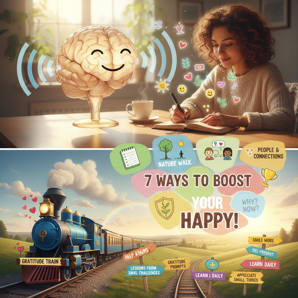 A motivational image of a train rolling forward labeled 'Gratitude Train' with tips visually represented as signs along the tracks to keep momentum going.