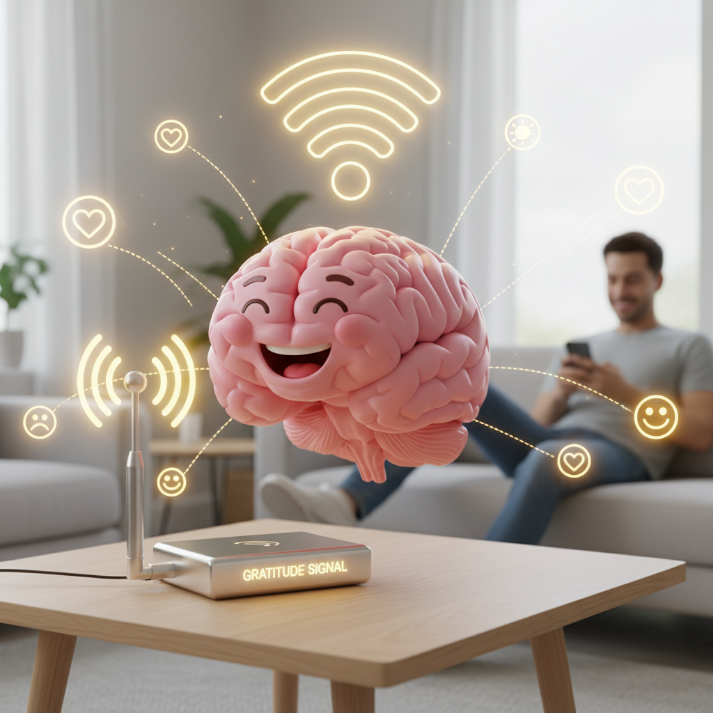 An illustration of a happy brain connected to Wi-Fi signals symbolizing gratitude as a signal booster for happiness.