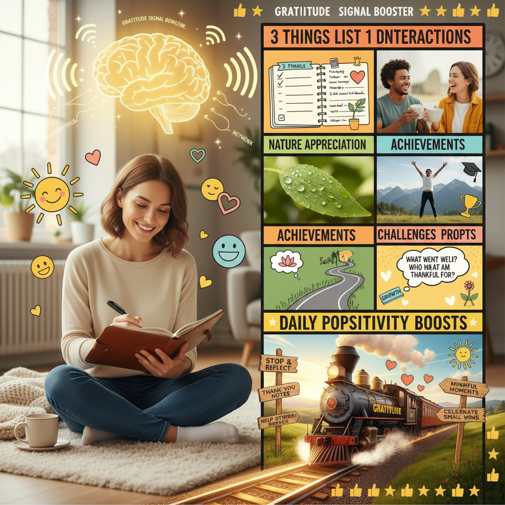 A cozy scene of a person writing a daily gratitude list with a journal and pen, surrounded by positive icons like hearts, sun, and smiley faces.