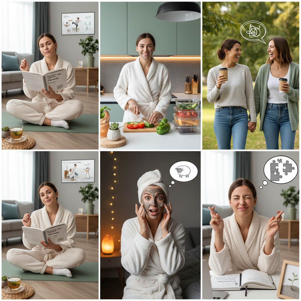 Illustration of a calm and balanced person engaging in simple daily self-care habits, symbolizing the essence of a sustainable self-care lifestyle.