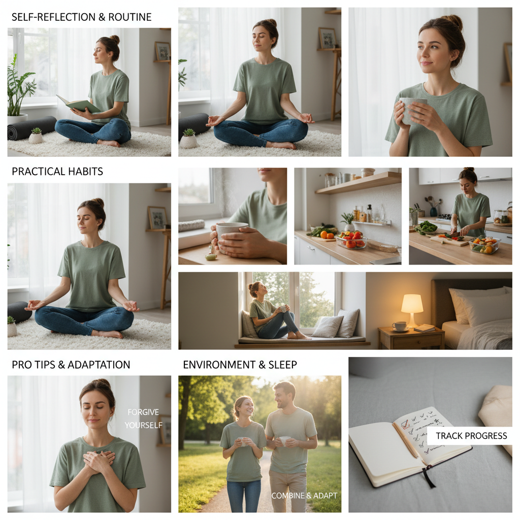 Author’s personal pro tips represented by an image of a person forgiving themselves, adapting to changes, combining social and self-care activities (walking with friend), and journaling progress.