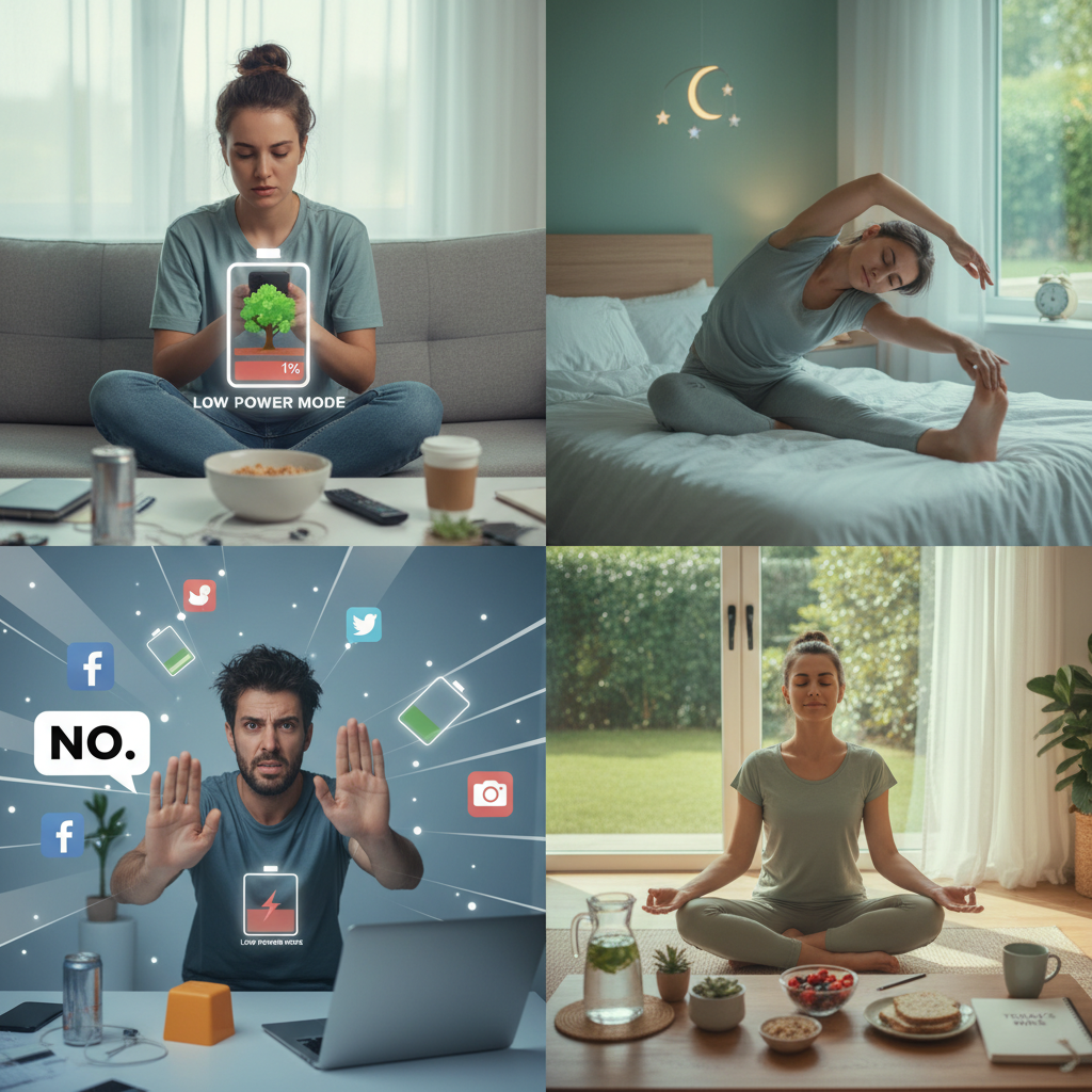 A collage of simple ways to protect mental energy: setting boundaries with technology (phone with Forest app), sleeping peacefully, saying no with a confident gesture, and a tidy uplifting workspace.
