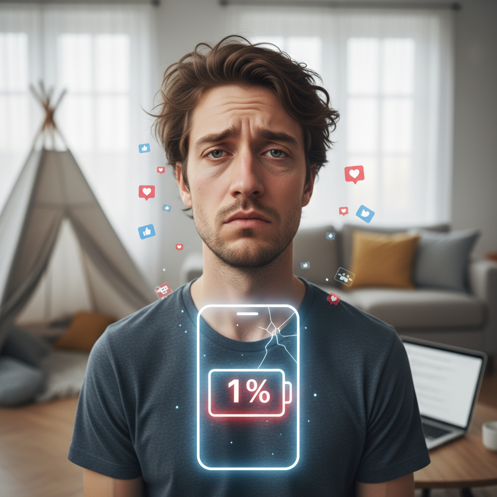 A personal transformation scene showing someone turning from stressed and exhausted (surrounded by phones and social media icons) to calm and refreshed, highlighting the benefits of setting technology boundaries and prioritizing sleep.